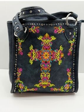 Montana West Navy Floral Cross Tote with Stud Accents GUC Cast And Carry Bag.